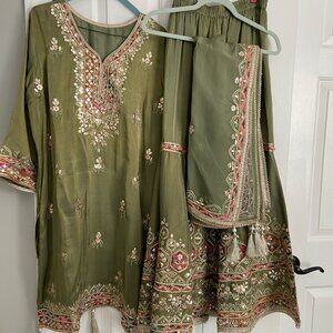 3-Piece Kurta Palazzo Tissue Silk with Matching Dupatta Size XL - Like New